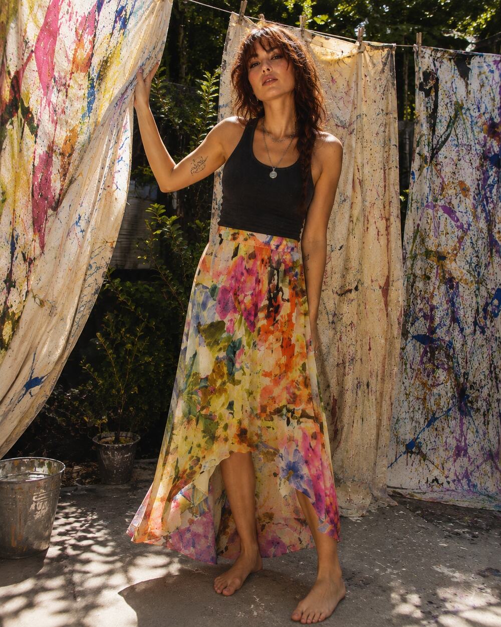 Chenault Multicolor Floral High Low Ruffle Midi Skirt NWT